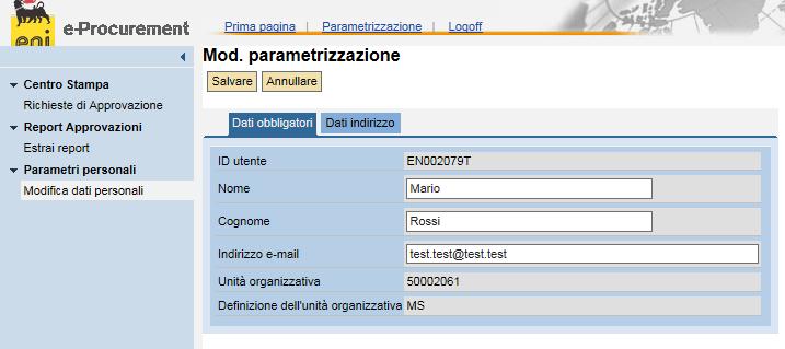 Procedere nel seguente modo: Selezionare dal menù utente la voce Modifica dati personali