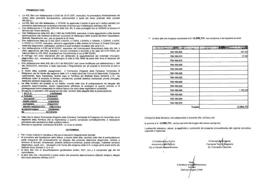 PREMESSO CHE: La ASL Bari con deliberazione n.3328 dei 30.07.