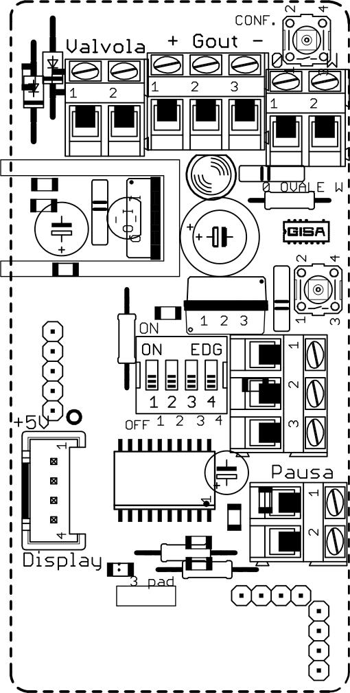 8.2.3) Schede TEA87, TEM87 e TE13: versione TE2013 (V3): 4 minidip per la programmazione dei tempi Alimentazione PULSANTE Valvola 12V AC CONFERMA PROGRAMMAZIONE MINIDIP