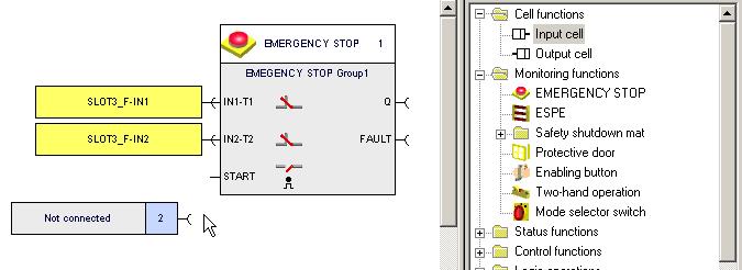 "Arresto d'emergenza Gruppo1" ("EMERGENCY STOP Group1"). Selezionare, nella cartella " > Ingresso" ("Parameter > Input"), il parametro "Tipo" ("Type") e configurarlo su due canali (NCNC).