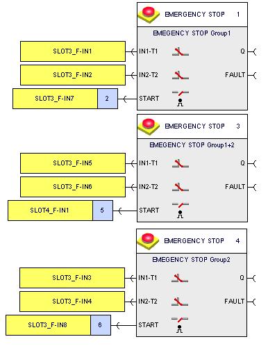 Trascinare quindi altri 2 moduli per arresto d'emergenza nello schema logico. Procedere come per il primo.