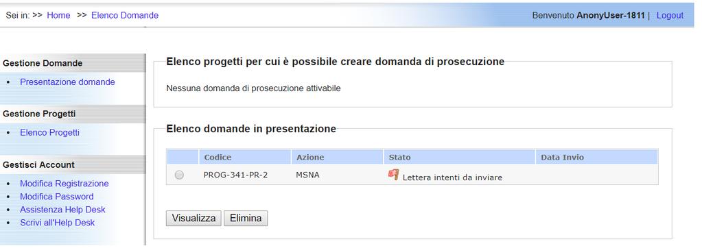 Figura 6: Visualizza e Elimina Domanda di Prosecuzione Creata 4.