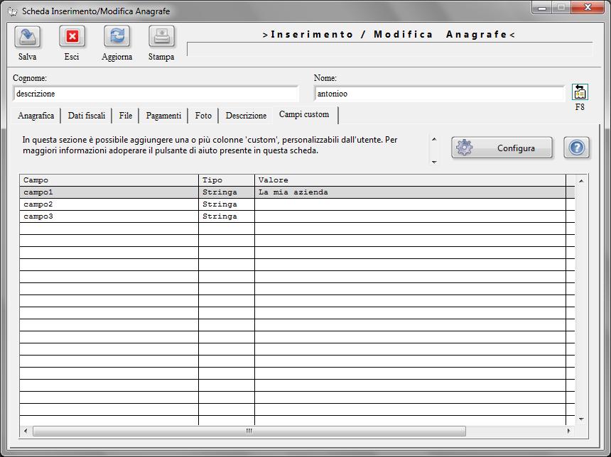 DEFINIZIONE DEI CAMPI PERSONALIZZATI (torna all'indice) Il software consente in alcune schede di definire dei campi addizionali personalizzati (ossia dei campi