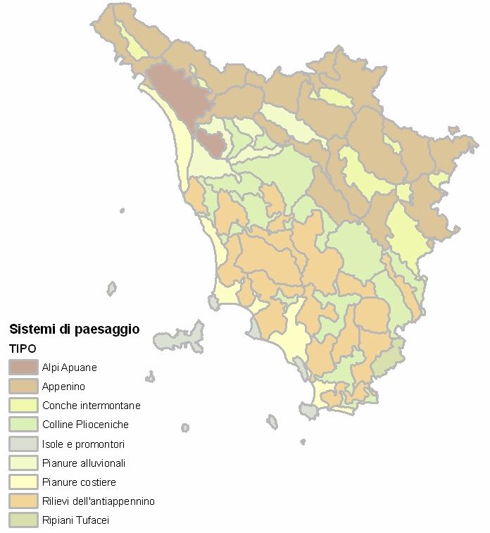 Fig. 3 Sistemi di paesaggio della Regione Toscana In considerazione della popolazione e delle pressioni che insistono sul territorio, nonché della conoscenza pregressa dei dati derivanti dal