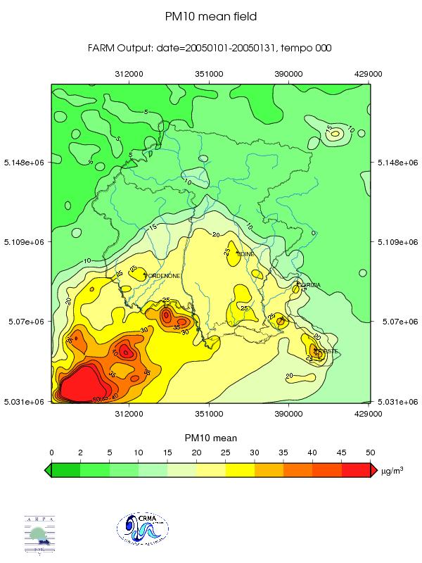 Figura 3 - Concentrazioni medie mensili di gennaio del PM10 tenendo conto di tutte le emissioni regionali ed extra-regionali (pannello di sinistra) e tenendo conto delle sole emissioni regionali