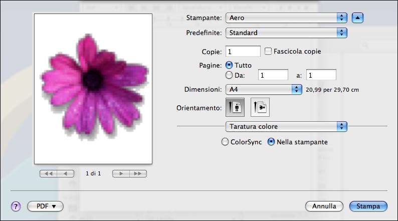 OPZIONI DI STAMPA COLORWISE 30 Mac OS X v10.5 e v10.6: selezionare Taratura colore dall elenco a discesa, quindi fare clic su Nella stampante.