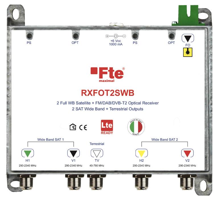 con Sky Q Adatti per impianti multiservizio FTTH TXFOT2SWB Trasmettitore a 5 ingressi RF 1 TV + 4 polarità Wide Band H1/V1 - H2/V2 per 2 SAT e 1 uscita fibra ottica monomodale SC/APC.