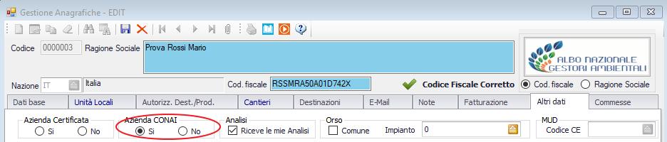 N.B. L informazione relativa all appartenenza di un azienda al circuito CONAI potrà essere indicata manualmente o impostata di default sull anagrafica del