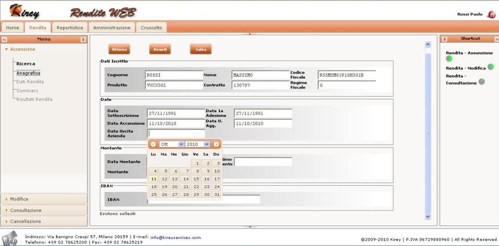 I principali moduli funzionali sono: Gestione Rendita Stampe/report Amministrazione Cruscotto Back- Office Gestione Rendita: Accensione Rendita Variazioni Anagrafiche Gestione