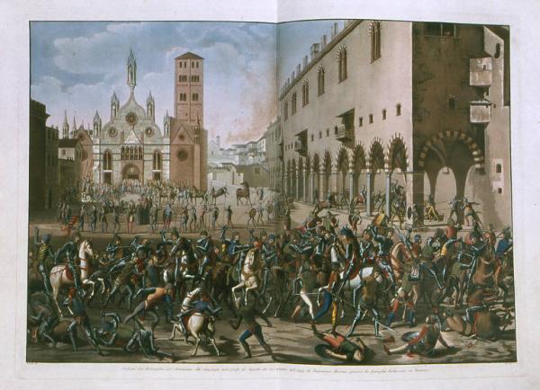 Caduta dei Bonacolsi ed elevazione dei Gonzaga nel 1328, 16 Agosto da un quadro del 1494 di Domenico Moroni presso la famiglia Fochessati in Mantova. Antoldi Luigi (?