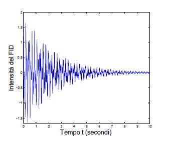 Produzione del segnale NMR 4) Elaborazione del segnale Il grafico rielaborato in frequenza si presenta così: Il grafico presentato è relativo ad una sostanza semplice che dà un unico segnale, qualora