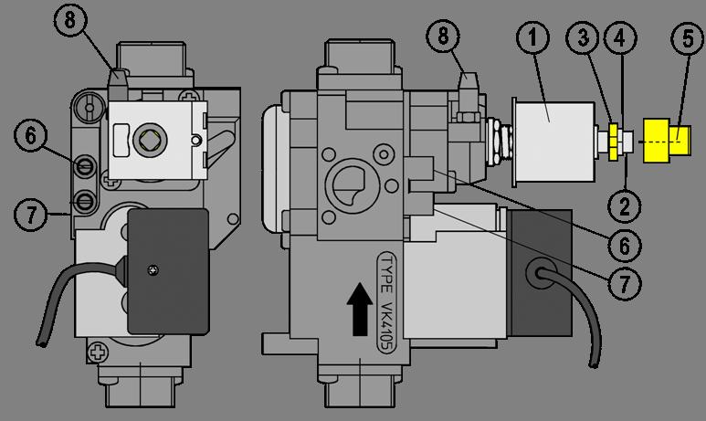 Valvola gas (Honeywell VK 4105 M) 1 - Bobina di modulazione 2 - Perno bobina 3 -