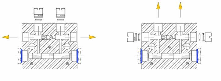 DISTRIBUTORI PROGRESSIVI DPA ELEMENTI SINGOLI Gli elementi dei distributori progressivi serie DPA sono predisposti per alimentare 1 o 2 uscite. Quando il grano di separazione è inserito (vedi Fig.