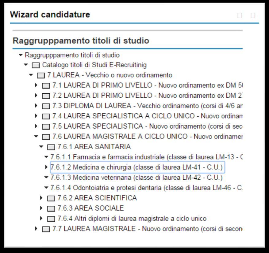 (passo 2) Cliccando sempre sulla freccia nera, continuare a espandere l albero fino a quando non si è individuato il proprio titolo di studio: Figura 6 - Candidatura sezione