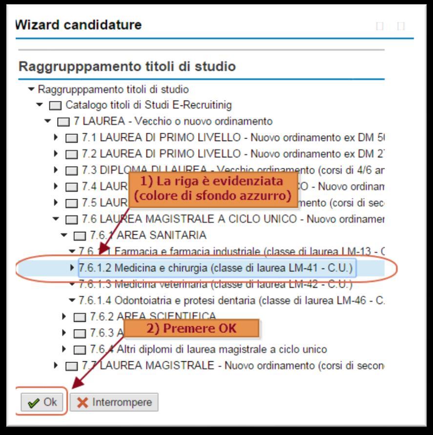 Figura 7 - Candidatura sezione Formazione - Scelta titolo di studio (passo 4) La finestra di scelta si chiude e nel campo Titolo di studio compare il codice corrispondente al