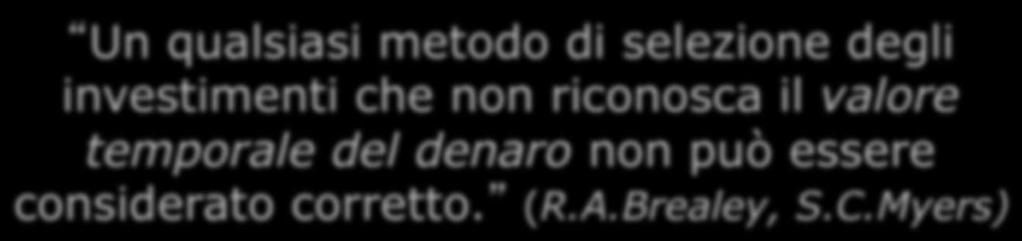 INDICATORI ECONOMICI ALTERNATIVI AL VAN Un qualsiasi metodo di selezione degli investimenti che non riconosca il valore temporale del denaro non può essere