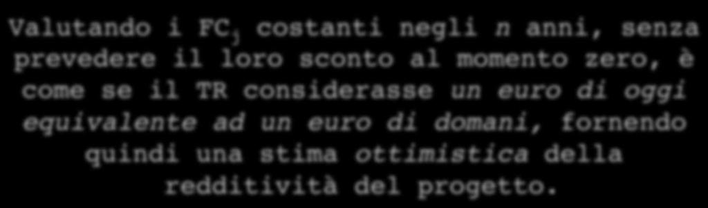 TEMPO DI RITORNO TR Se: FC 1 = FC 2 = FC j = FC n TR = I 0 FC Valutando i FC j costanti negli n anni, senza prevedere il loro sconto al momento