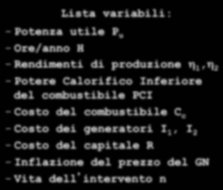 APPLICAZIONE DEL VAN AL RISPARMIO ENERGETICO Lista variabili: - Potenza utile P u -