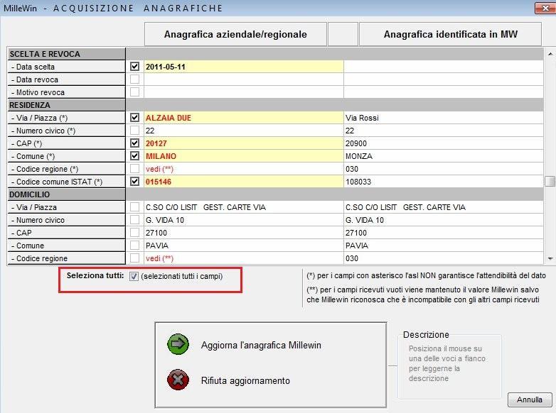 Per acquisire tutti i dati ricevuti dal SISS mettere il flag su Seleziona tutti.
