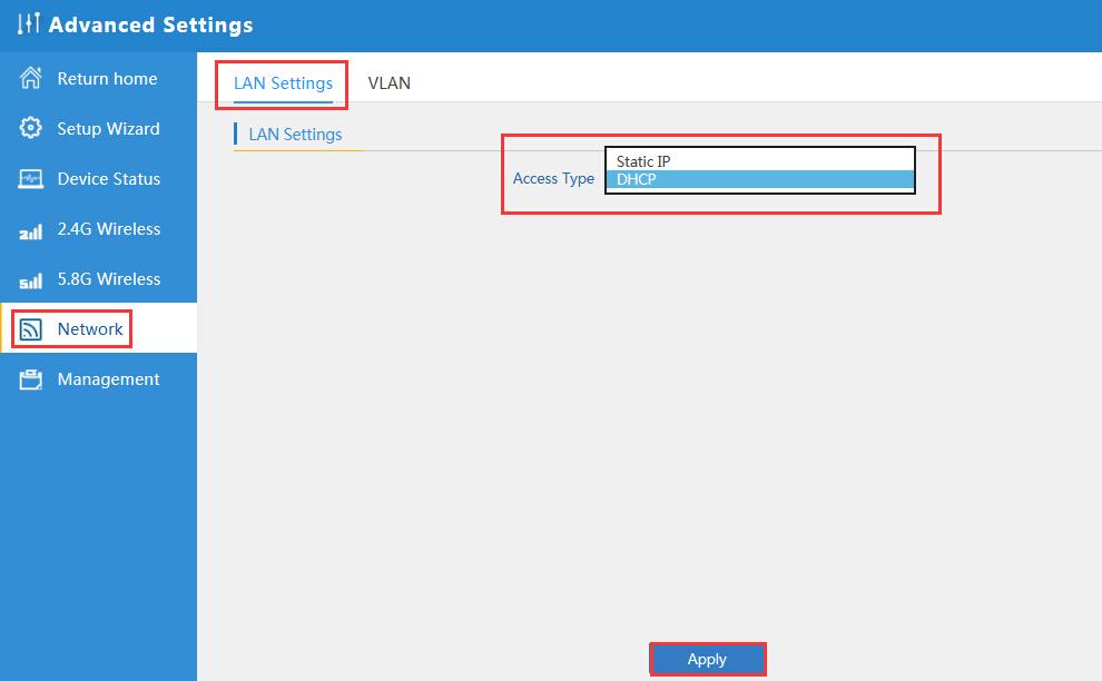 4.3.5 Rete Nella schermata di Rete, verranno mostrate le impostazioni LAN e i tag VLAN come