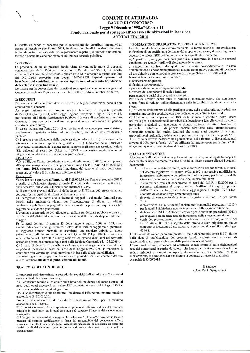 COMUNE DI ATR1PALDA BANDO DI CONCORSO - Legge 9 Dicembre 1998,n 431-Art.