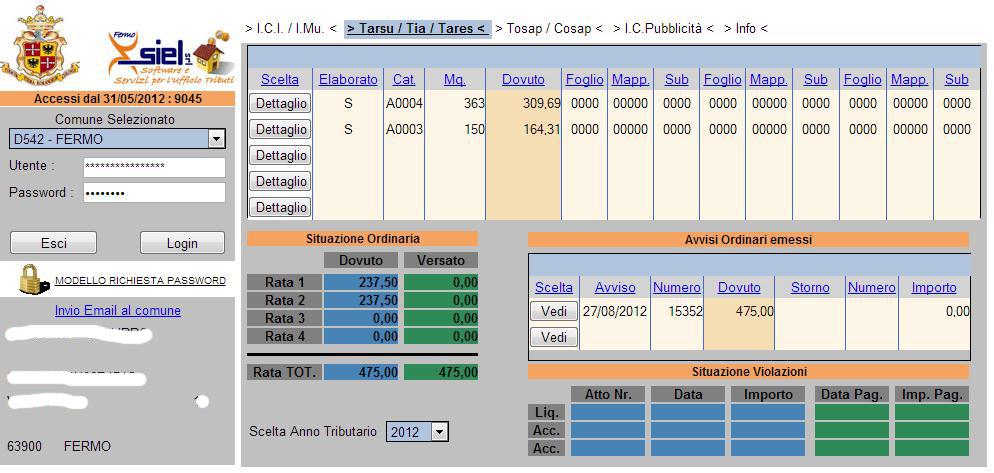 2. Situazione Utenze, Versamenti spontanei, Violazioni Con l avvenuto accesso alla banca dati tributi, selezionato il tributo di interesse, in alto a sinistra, verranno visualizzati i dati del