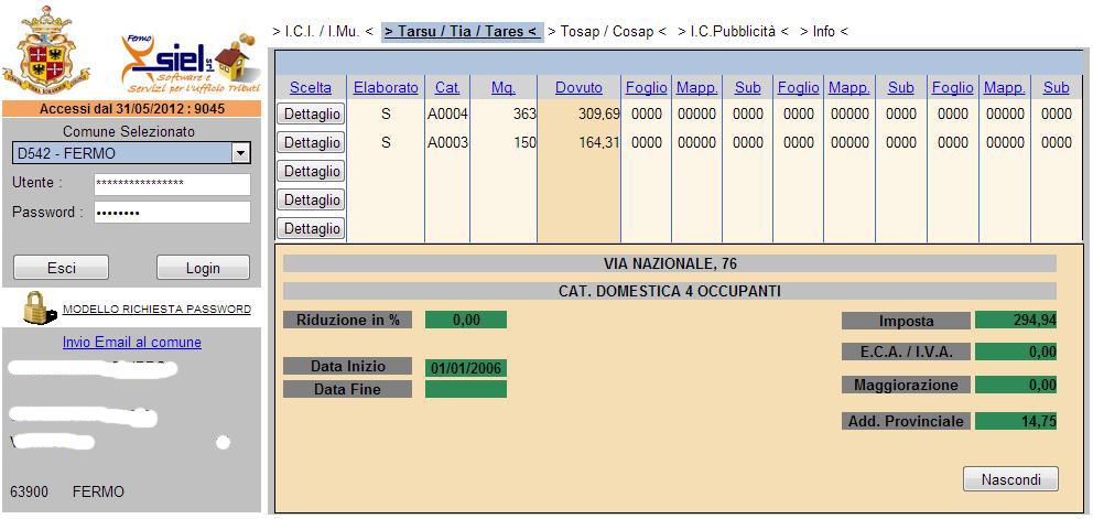 all anno tributario selezionato, relativi al dovuto ed al versato del contribuente.