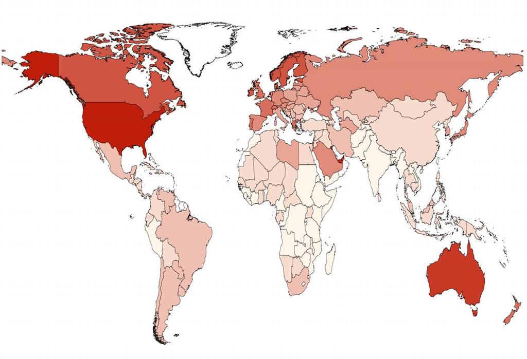 Figura A Impronta ecologica dei consumi pro capite delle nazioni (6) La figura A, elaborata a partire da dati del Global Footprint Network, illustra l impronta ecologica pro capite per le diverse