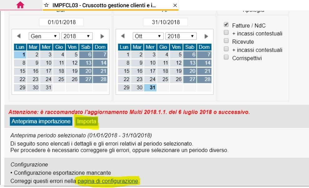 Se il tasto "Importa" non è attivo, significa che mancano delle configurazioni