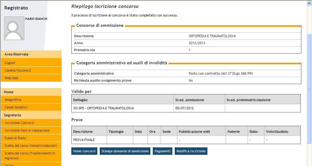 Cliccando sul pulsante Conferma si visualizza la pagina Riepilogo iscrizione concorso (la voce prematricola è