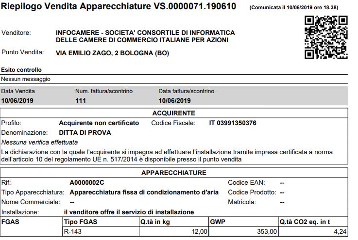 Figura 21 - Facsimile report vendita 9 Comunicazione vendite L utente può scegliere di continuare a inserire altre vendite e comunicarle in un secondo momento.