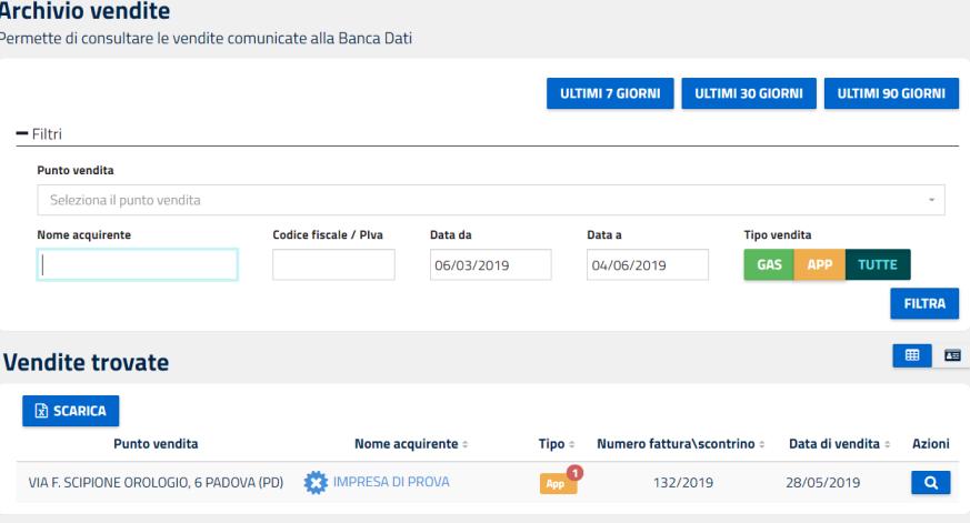 12 Consultazione Per consultare le vendite comunicate andare su ARCHIVIO VENDITE Figura 29 - Archivio vendite E possibile ricercare le vendite già inserite in base a più parametri: Data: ultimi 7, 30