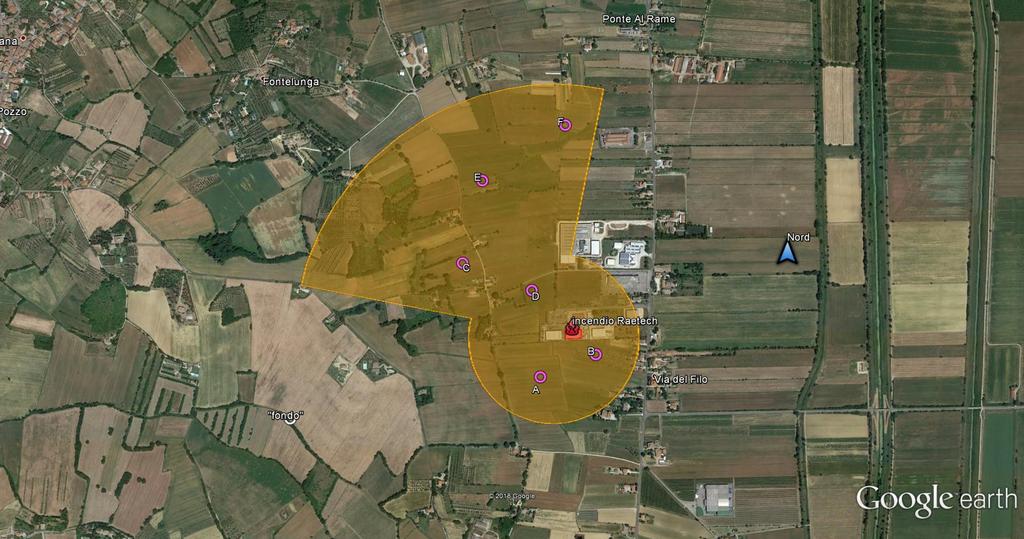 Figura 5: zone di impatto (Google Earth ) potenzialmente interessata dalle sostanze sprigionate nel corso dell incendio dello stabilimento Raetech (6-7 marzo 2019).