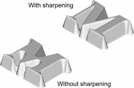corner sharpen selezionando questa casella ArtCAM pro muovera automaticamente la lavorazione in tre assi solo nella zona che deve essere affilata Il seguente esempio mostra l effetto di angoli acuti