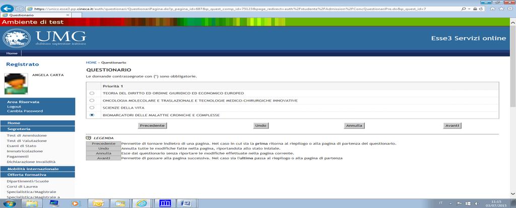 Esempio compilazione Questionario nel caso di più domande di partecipazione: Clicca sul corso di dottorato che