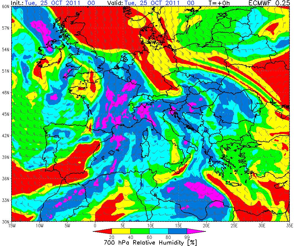 Fig. 5 Umidità relativa (700 hpa) e immagine al vapor d acqua (WV) relativa al 25/10/2011 alle ore 00 Fig.