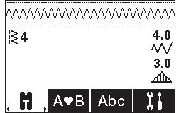 Modalità Cucito La Modalità Cucito è la prima vista che appare sullo schermo grafico quando si accende la macchina. Il punto selezionato viene visualizzato in dimensioni reali nel campo punti.