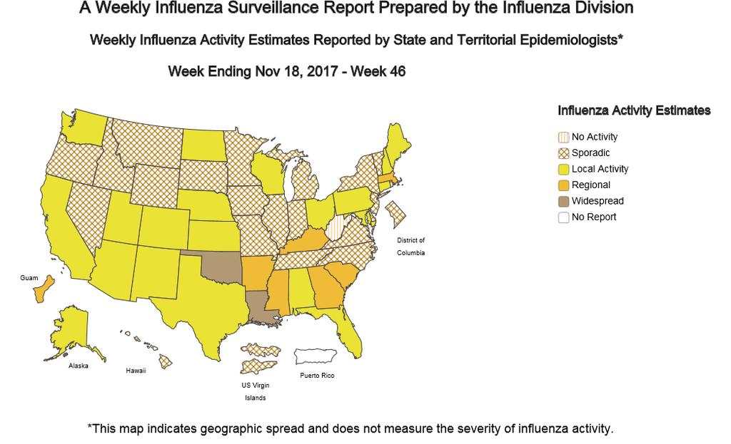 USA In tutti gli Stati Uniti, la circolazione dei virus influenzali rimane nel complesso bassa, sebbene si cominci ad osservare un leggero incremento, come evidenziato nella mappa sottostante,