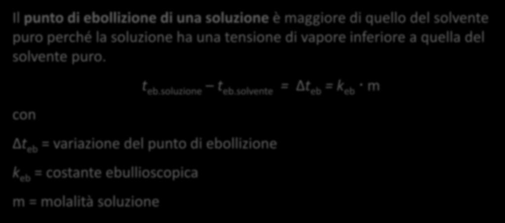 Innalzamento Ebullioscopico Il punto di ebollizione di una soluzione è maggiore di quello del solvente puro perché la soluzione ha una tensione di vapore inferiore a