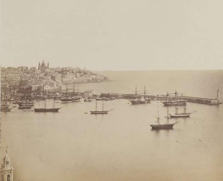 Genova, panorama del porto da nord, 1857 circa, stampa su