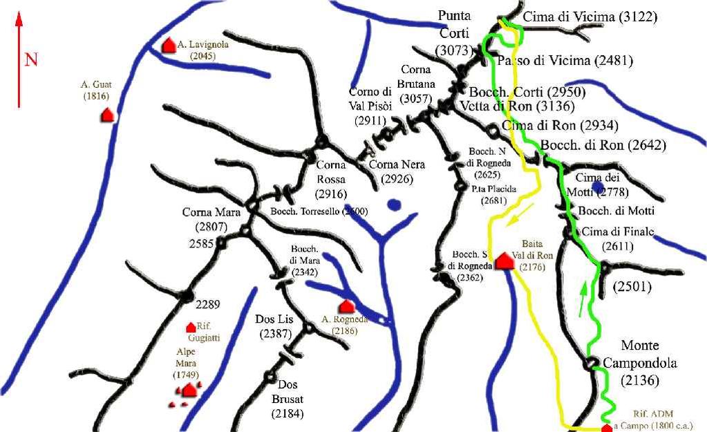 Il mio itinerario Parto dal Rifugio ADM a Campo (m 1774). Sono le 6 di mattina. E ancora tutto nella penombra. Fa piuttosto freddo. A terra luccica la brina.