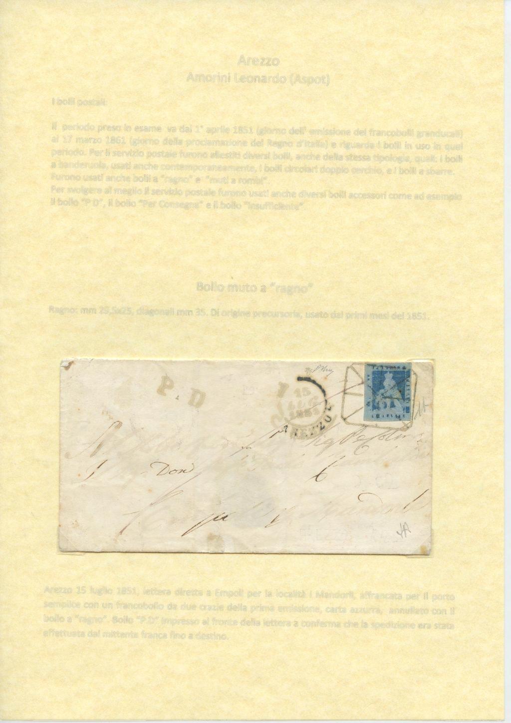 Arezzo Amorini Leonardo (Aspot) I bolli postali: Il periodo preso in esame va dal 1 aprile 1851 (giorno dell' emissione dei francobolli granducali) al 17 marzo 1861 (giorno della
