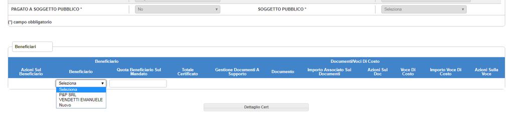 del nuovo beneficiario se non presente in anagrafica Selezionato il beneficiario