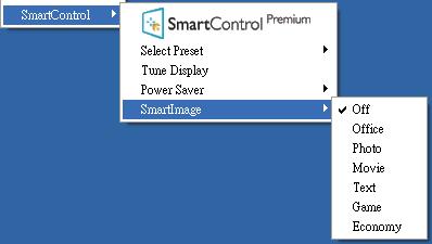 SmartImage - Controllo delle impostazioni correnti: Off (Disattiva), Office (Ufficio), Photo (Foto), Movie (Film), Game (Giochi), Economy (Risparmio energetico).