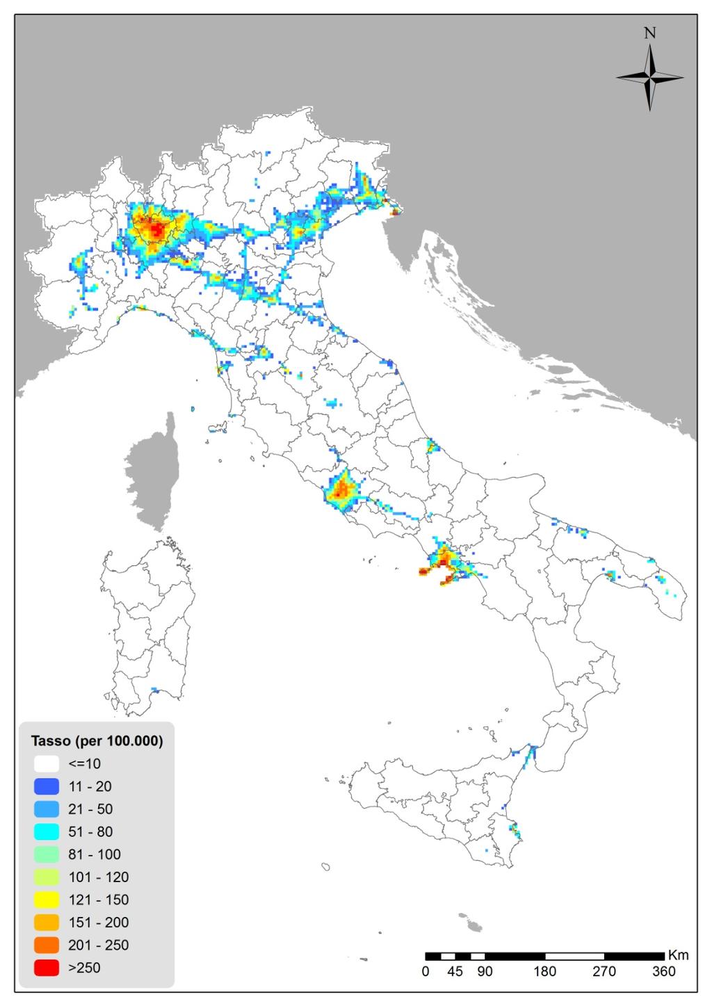 000 residenti per (4x4km) 2005, 2010, 2020