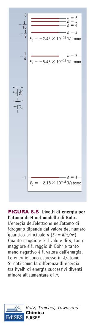 IL MODELLO ATOMICO DI BOHR: I LIVELLI ENERGETICI DELL ATOMO DI IDROGENO Energia totale dell elettrone nel livello n E n = R h c n 2 Bohr stabilì come energia zero il punto in cui elettrone e protone