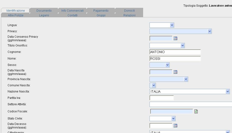 Dati soggetto: Nella pagina qui sopra vanno inseriti obbligatoriamente i campi evidenziati in azzurro.