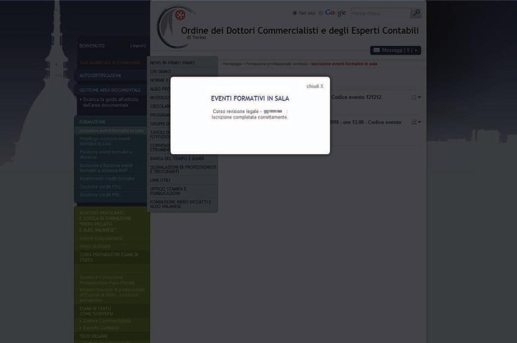 eventi Formativi in sala 2) ConFerma iscrizione o lista d attesa Effettuando la prenotazione, compare un box di conferma di adesione al convegno in oggetto.