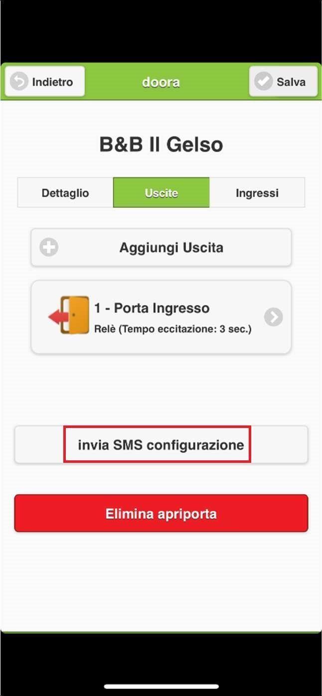 Una volta create tutte le uscite che vi servono e dopo aver premuto salva in alto a destra, comparirà il pulsante Invia SMS configurazione; premendolo si aprirà il client di invio SMS del telefono.