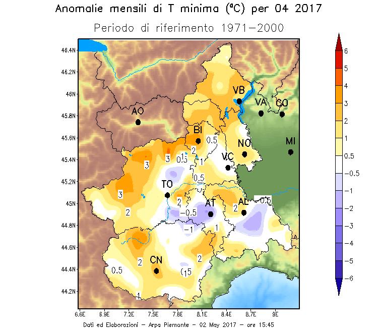 Figura 5 - Mappa delle anomalie di temperatura minima nel mese di aprile 2017 in Piemonte rispetto alla media del periodo 1971-2000. Elaborazione ARPA Piemonte.